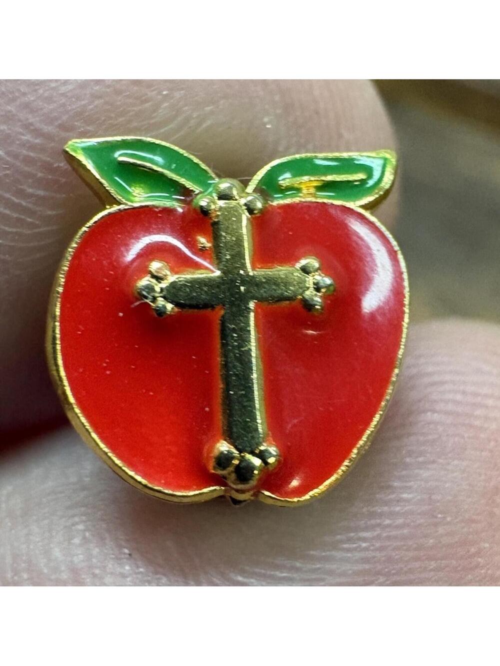 Vintage Red Apple Christianity Cross Enamel Lapel Pin Brooch Teacher